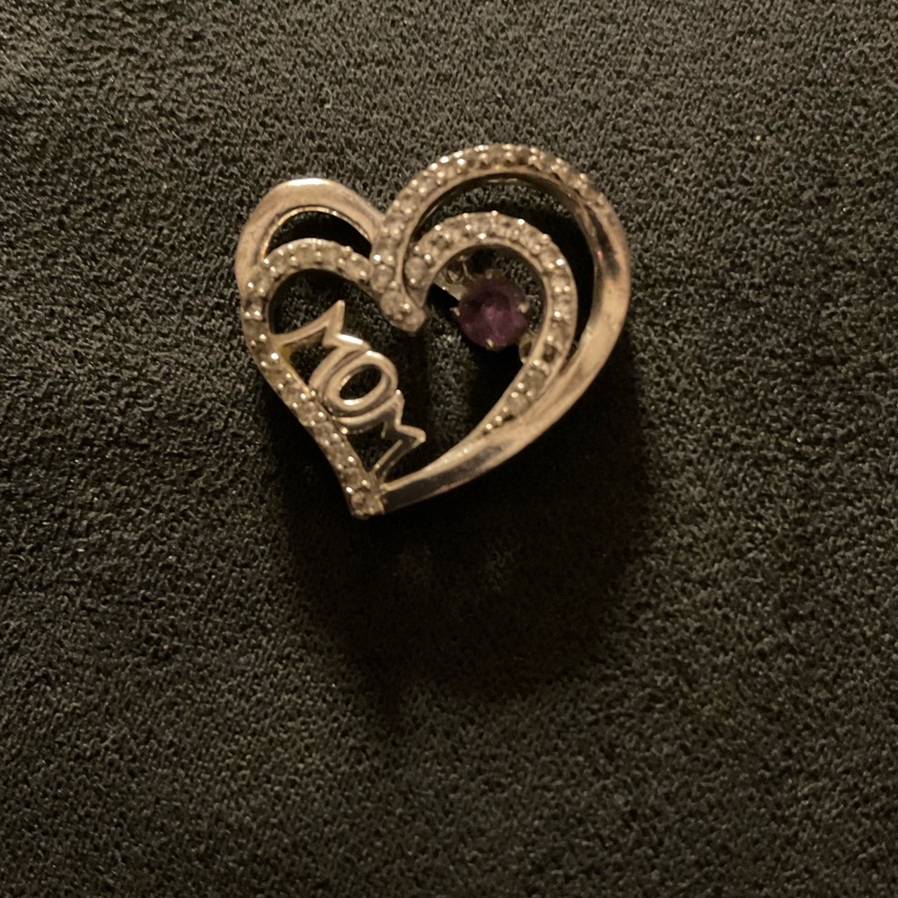 925 Sterling Silver White & Amethyst-Tone C Z "Mom" Heart Slide Pendant